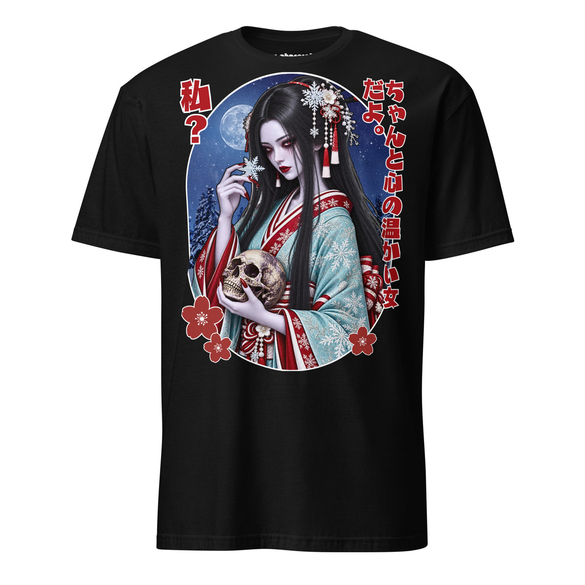 Winterpink Yuki-onna T-Shirt mit blasser japanischer Schneefrau im hellblauen Kimono, schwarzem Haar, Totenschädel, Schneeflocken und japanischem Text.