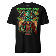 Winterpink T-Shirt mit Illustration von Cthulhu als Redner am Podium mit Flügeln, Tentakeln und Wahlkampfslogans wie „Vote 4 Chaos“ und „Choose Tentacles“, Cosmic-Horror Design auf schwarzem Shirt.