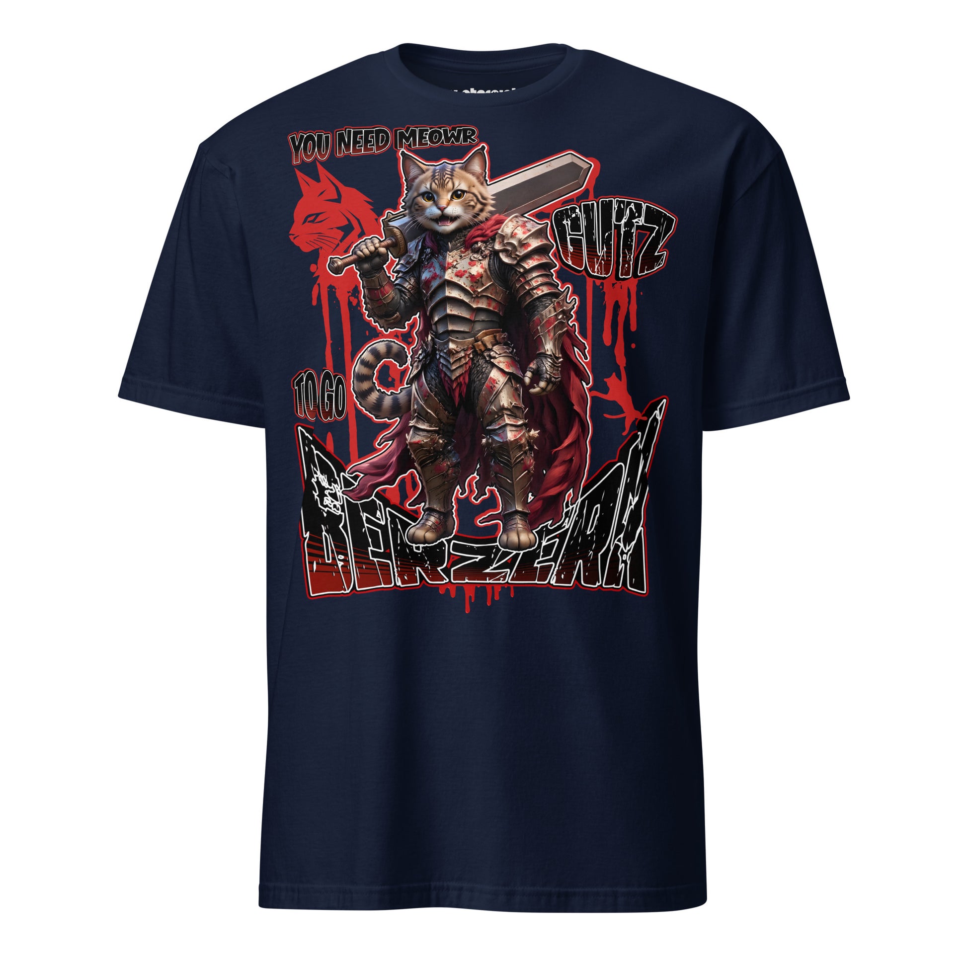Winterpink T-Shirt mit Dark-Fantasy Illustration einer gepanzerten Katzenkriegerin mit großem Schwert und dem Schriftzug „You Need Meowr Gutz to Go Berzerk“, Anime-inspiriertes Katzenmotiv auf dunkelblauem Shirt.