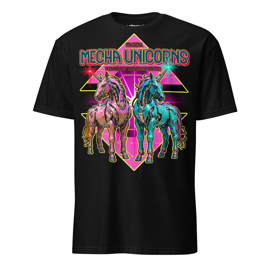 Winterpink T-Shirt Magical Mecha Unicorns – Zwei futuristische Mecha-Einhörner im 70er Disco-Look, Magie trifft Technologie