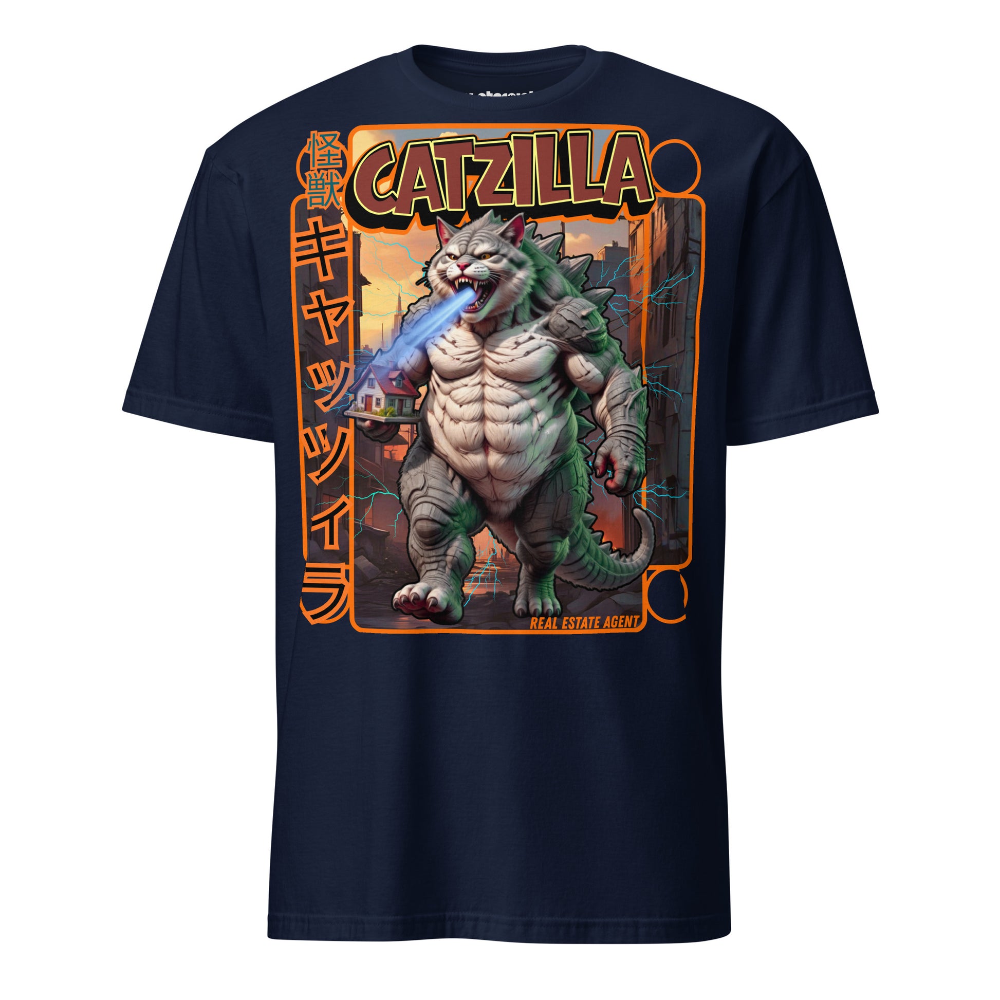 Winterpink T-Shirt mit Motiv „Catzilla – Real Estate Agent“: muskulöse Riesenkatze im Kaiju-Stil, die blaue Energie atmet und eine Stadt im Hintergrund verwüstet.
