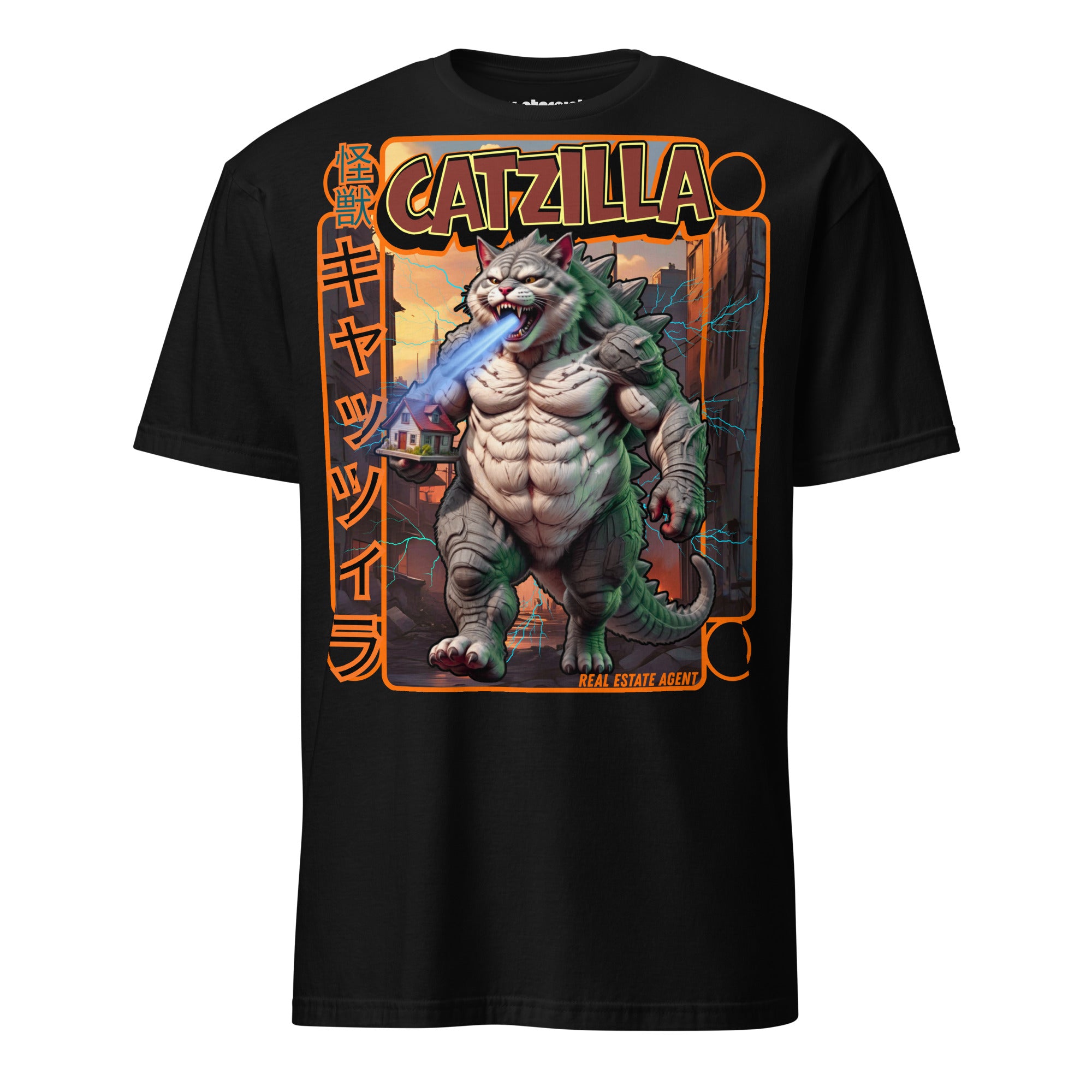 Winterpink T-Shirt mit Motiv „Catzilla – Real Estate Agent“: muskulöse Riesenkatze im Kaiju-Stil, die blaue Energie atmet und eine Stadt im Hintergrund verwüstet.