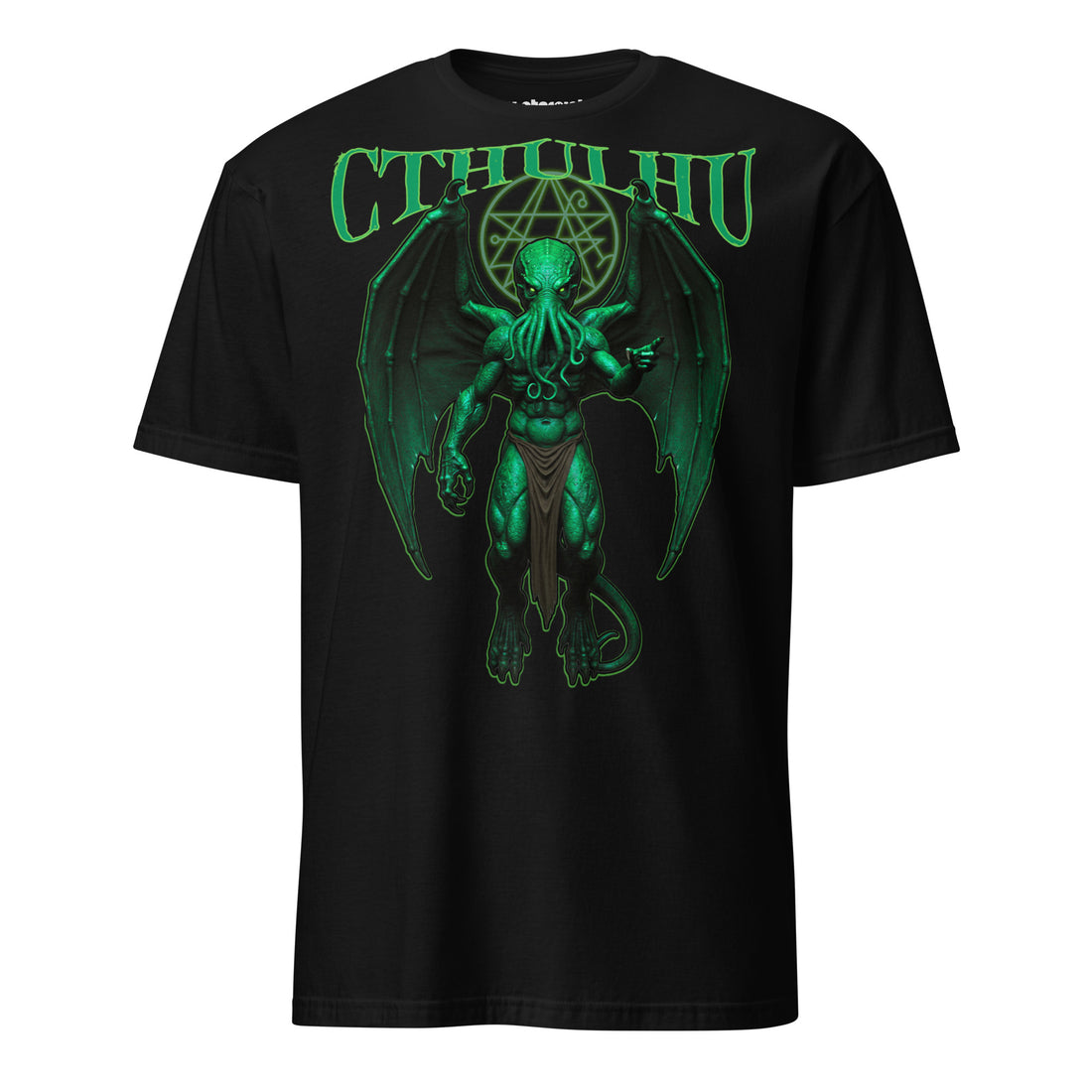 Winterpink T-Shirt in Schwarz mit großem Frontprint: Cthulhu in klassischer Pose, grün leuchtend mit Flügeln, Tentakeln und dem Siegel der Großen Alten.