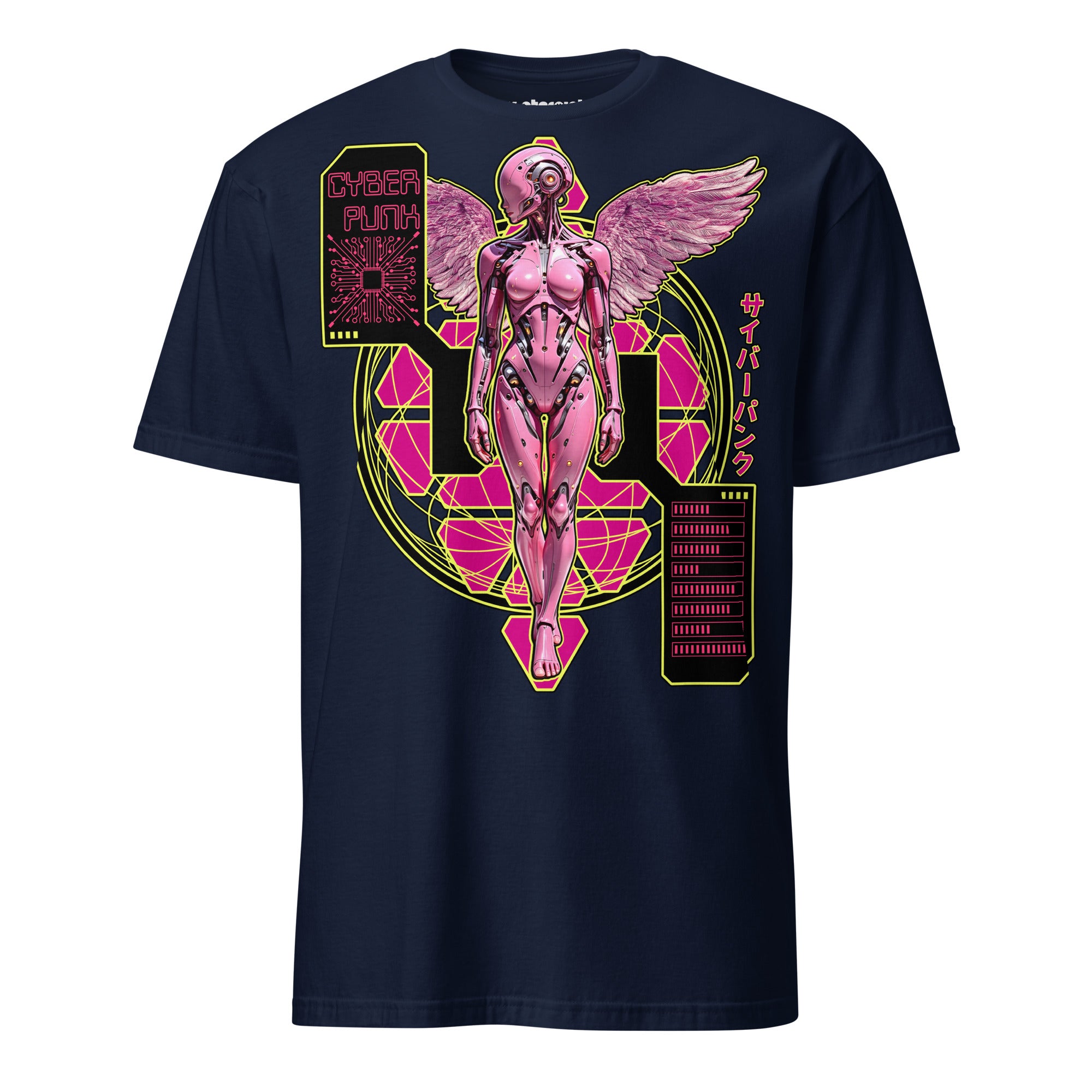 Winterpink T-Shirt mit cyberpunk inspiriertem Engel, kybernetischer Körper, Flügel und Neon-Interface-Elemente.