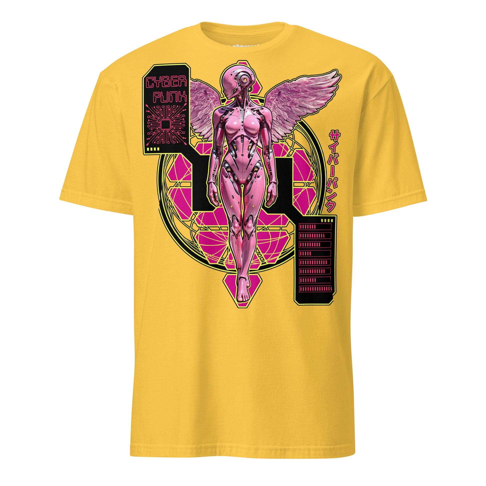 Winterpink T-Shirt mit cyberpunk inspiriertem Engel, kybernetischer Körper, Flügel und Neon-Interface-Elemente.