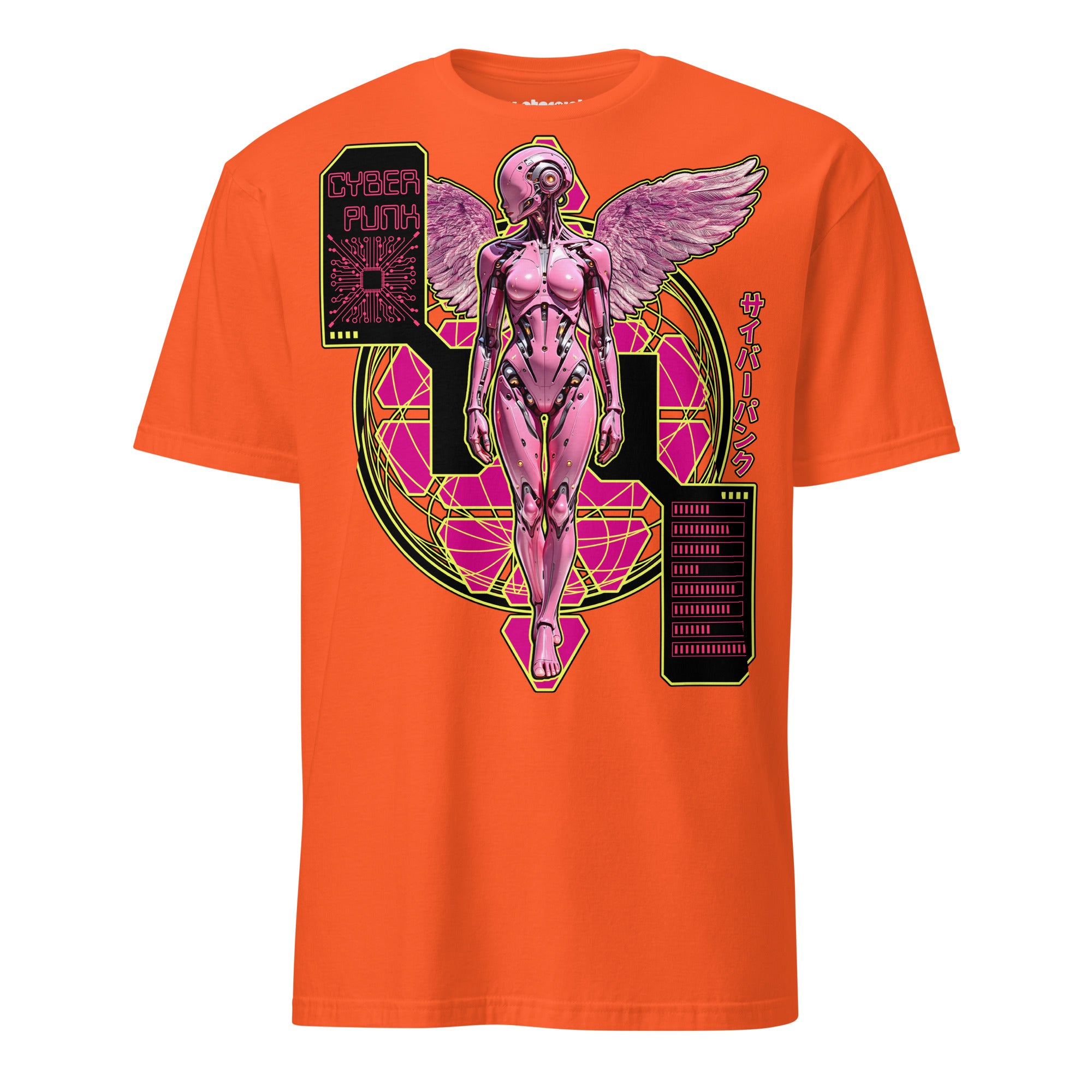 Winterpink T-Shirt mit cyberpunk inspiriertem Engel, kybernetischer Körper, Flügel und Neon-Interface-Elemente.
