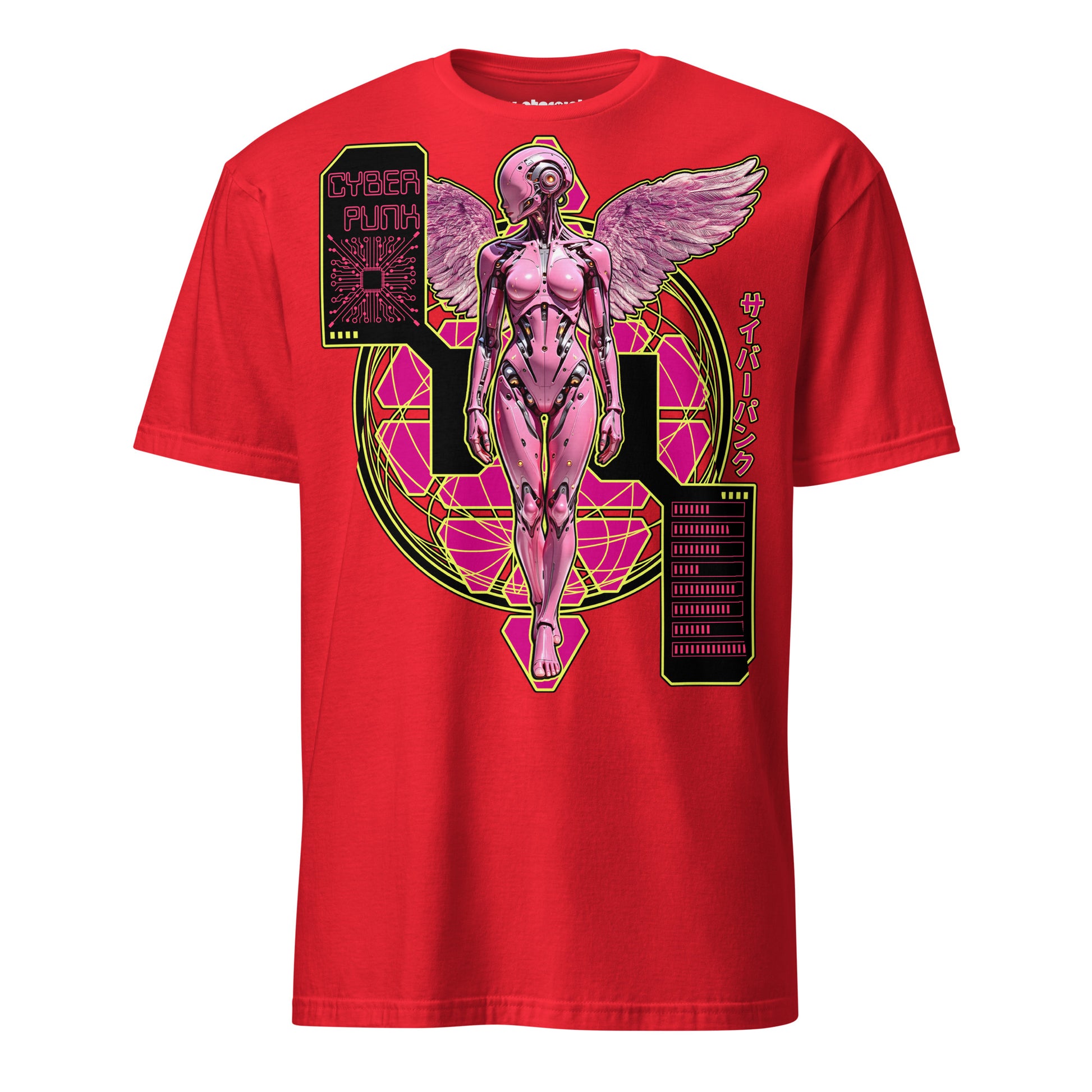 Winterpink T-Shirt mit cyberpunk inspiriertem Engel, kybernetischer Körper, Flügel und Neon-Interface-Elemente.
