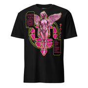 Winterpink T-Shirt mit cyberpunk inspiriertem Engel, kybernetischer Körper, Flügel und Neon-Interface-Elemente.