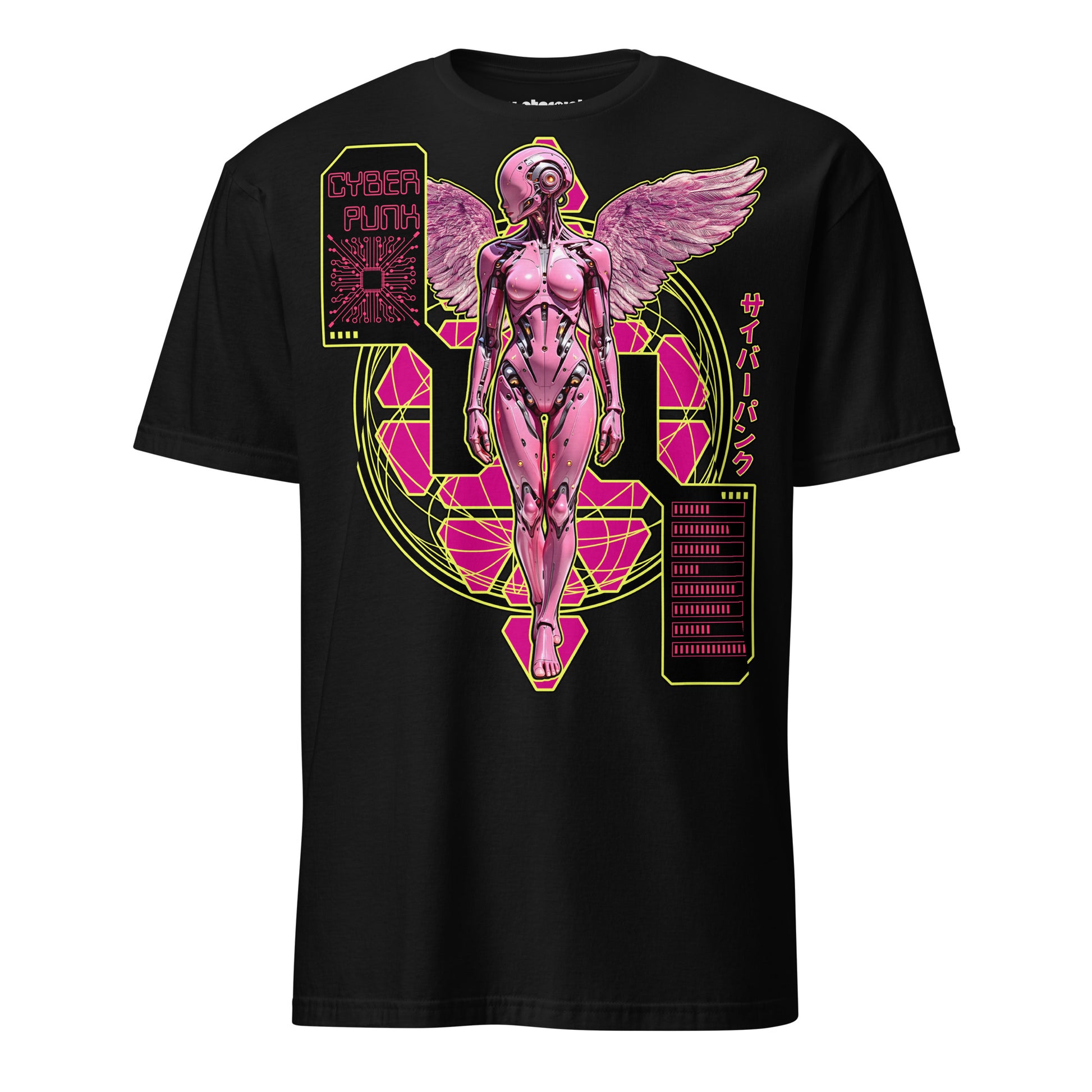 Winterpink T-Shirt mit cyberpunk inspiriertem Engel, kybernetischer Körper, Flügel und Neon-Interface-Elemente.