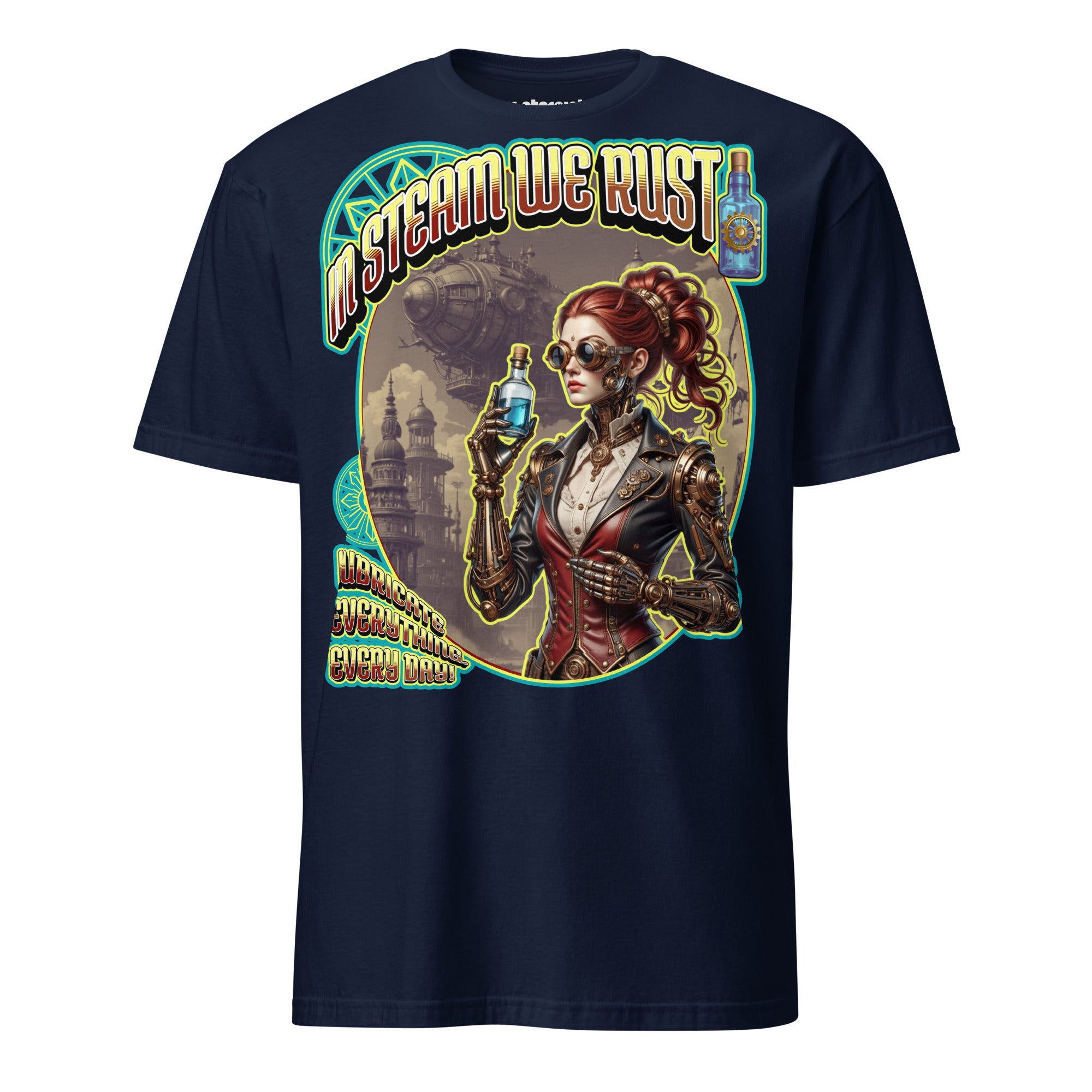 Winterpink T-Shirt mit Steampunk-Motiv „In Steam We Rust“ – kybernetische Ingenieurin mit Ölflasche, Zahnrädern und Luftschiff im Hintergrund.