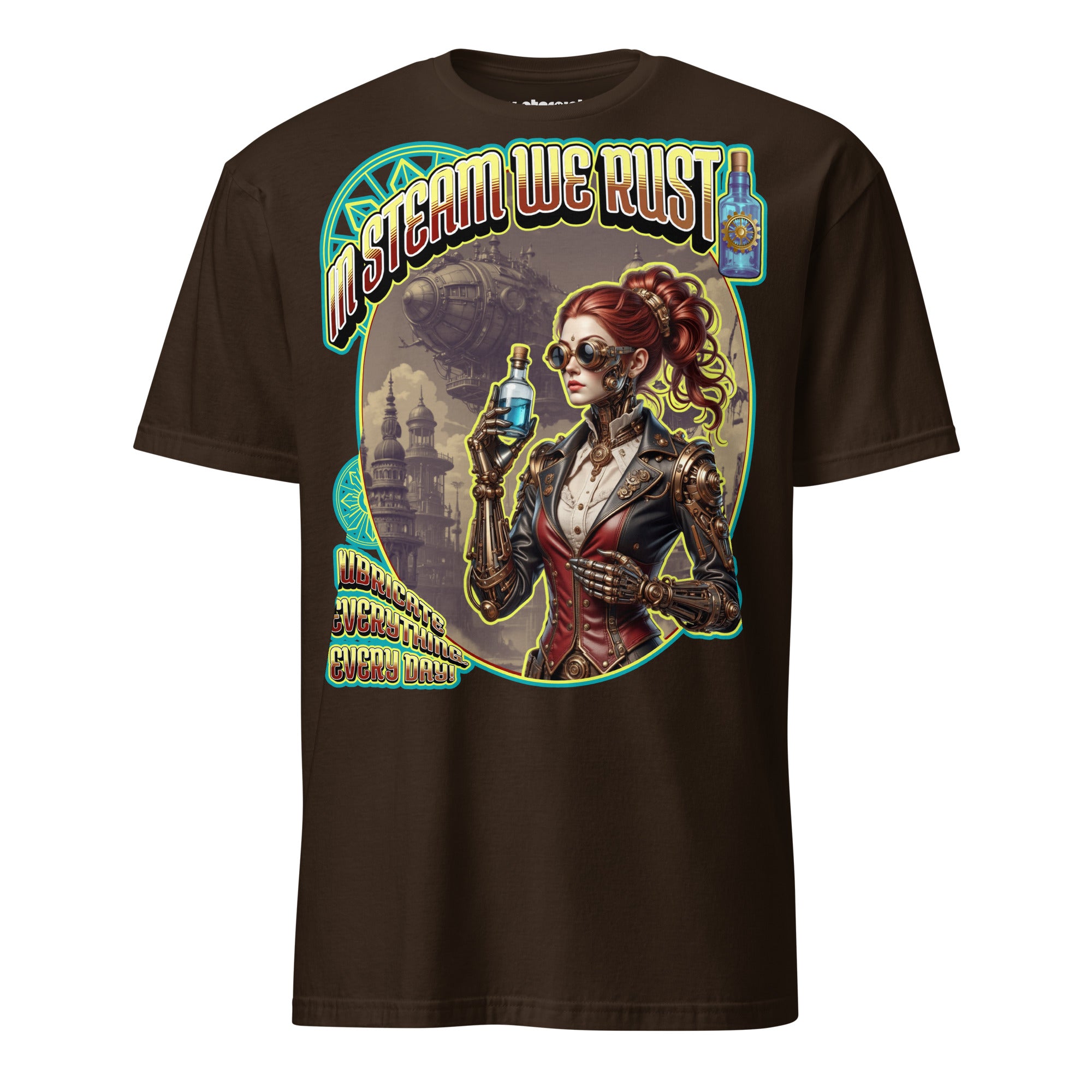 Winterpink T-Shirt mit Steampunk-Motiv „In Steam We Rust“ – kybernetische Ingenieurin mit Ölflasche, Zahnrädern und Luftschiff im Hintergrund.