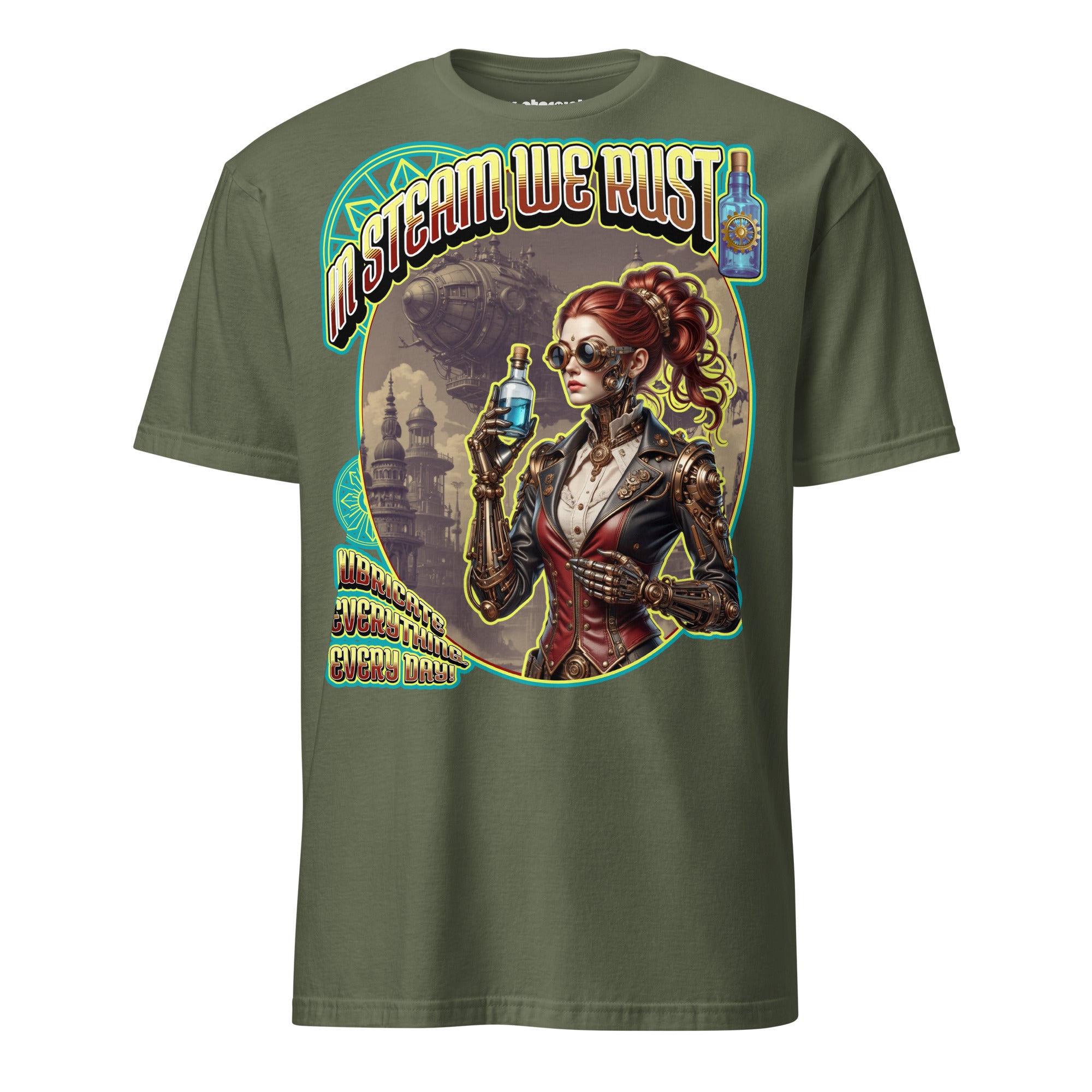 Winterpink T-Shirt mit Steampunk-Motiv „In Steam We Rust“ – kybernetische Ingenieurin mit Ölflasche, Zahnrädern und Luftschiff im Hintergrund.