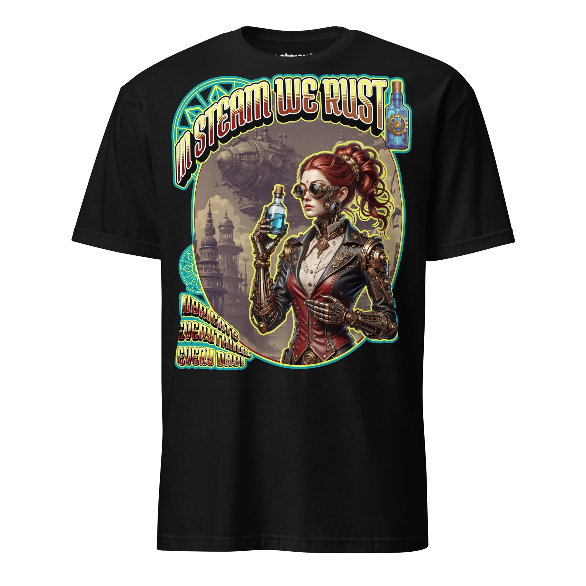 Winterpink T-Shirt mit Steampunk-Motiv „In Steam We Rust“ – kybernetische Ingenieurin mit Ölflasche, Zahnrädern und Luftschiff im Hintergrund.