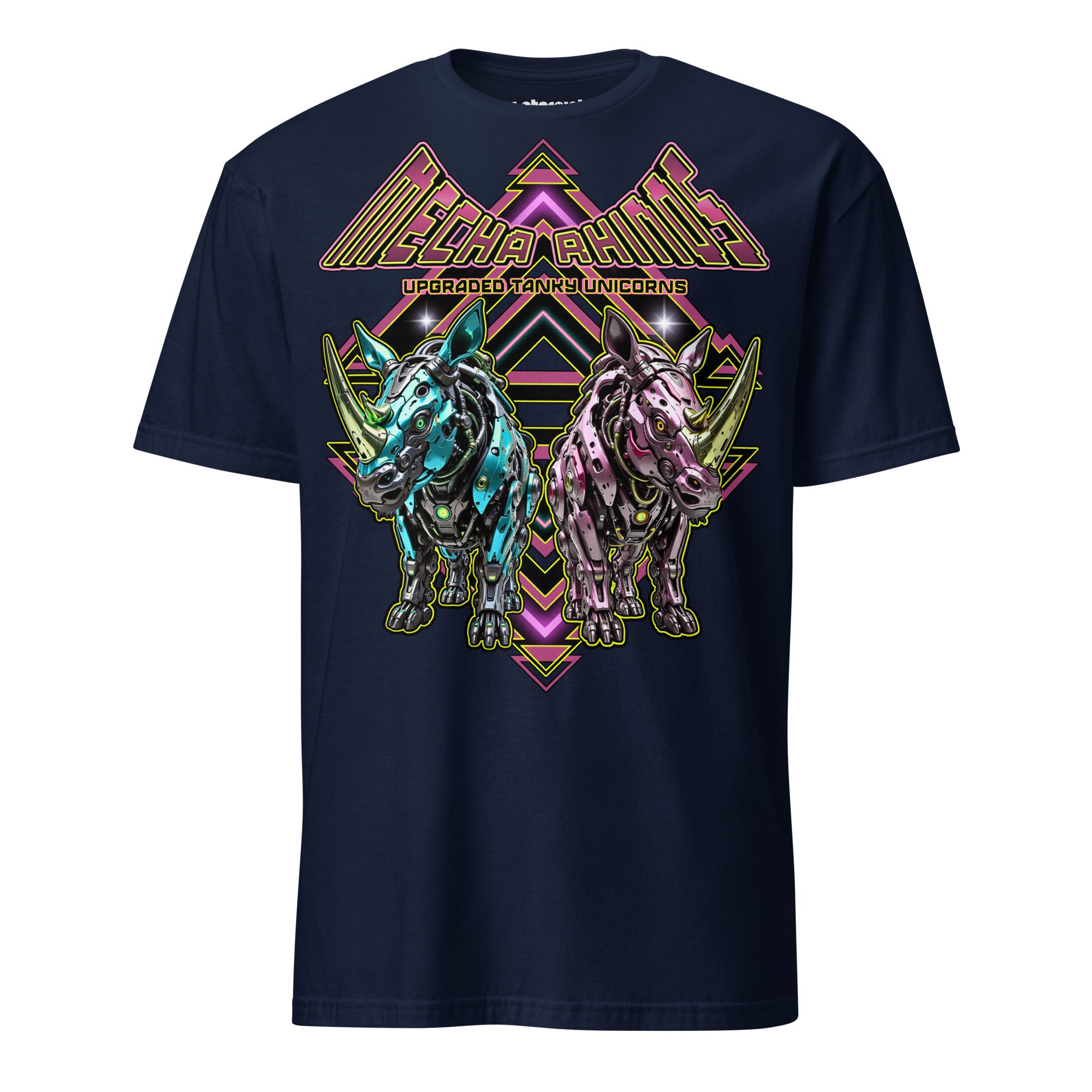 Winterpink T-Shirt mit zwei mechanischen Nashorn-Kreaturen im Neon-Stil und dem Schriftzug „Upgraded tanky unicorns“, Disco- und retro-futuristische Ästhetik.