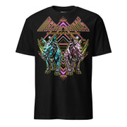 Winterpink T-Shirt mit zwei mechanischen Nashorn-Kreaturen im Neon-Stil und dem Schriftzug „Upgraded tanky unicorns“, Disco- und retro-futuristische Ästhetik.