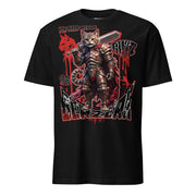 Winterpink T-Shirt mit Dark-Fantasy Illustration einer gepanzerten Katzenkriegerin mit großem Schwert und dem Schriftzug „You Need Meowr Gutz to Go Berzerk“, Anime-inspiriertes Katzenmotiv auf schwarzem Shirt.