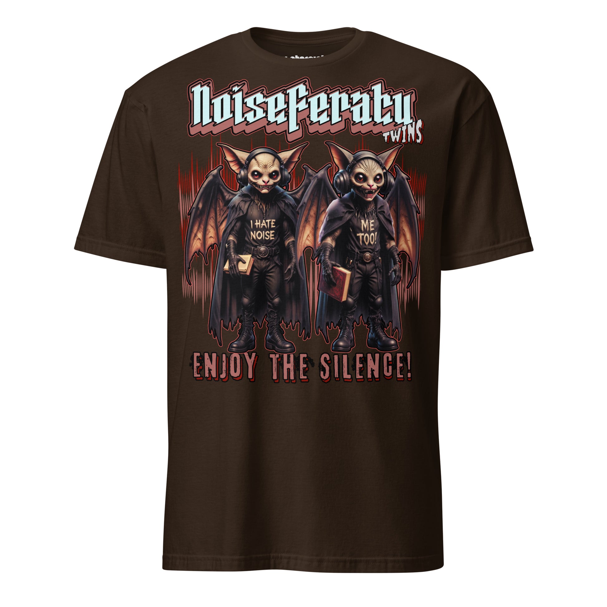 Winterpink T-Shirt mit Motiv „Noiseferatu Twins – Enjoy the Silence“, zwei vampirartige Figuren mit Kopfhörern und düsterem Gothic-Design.
