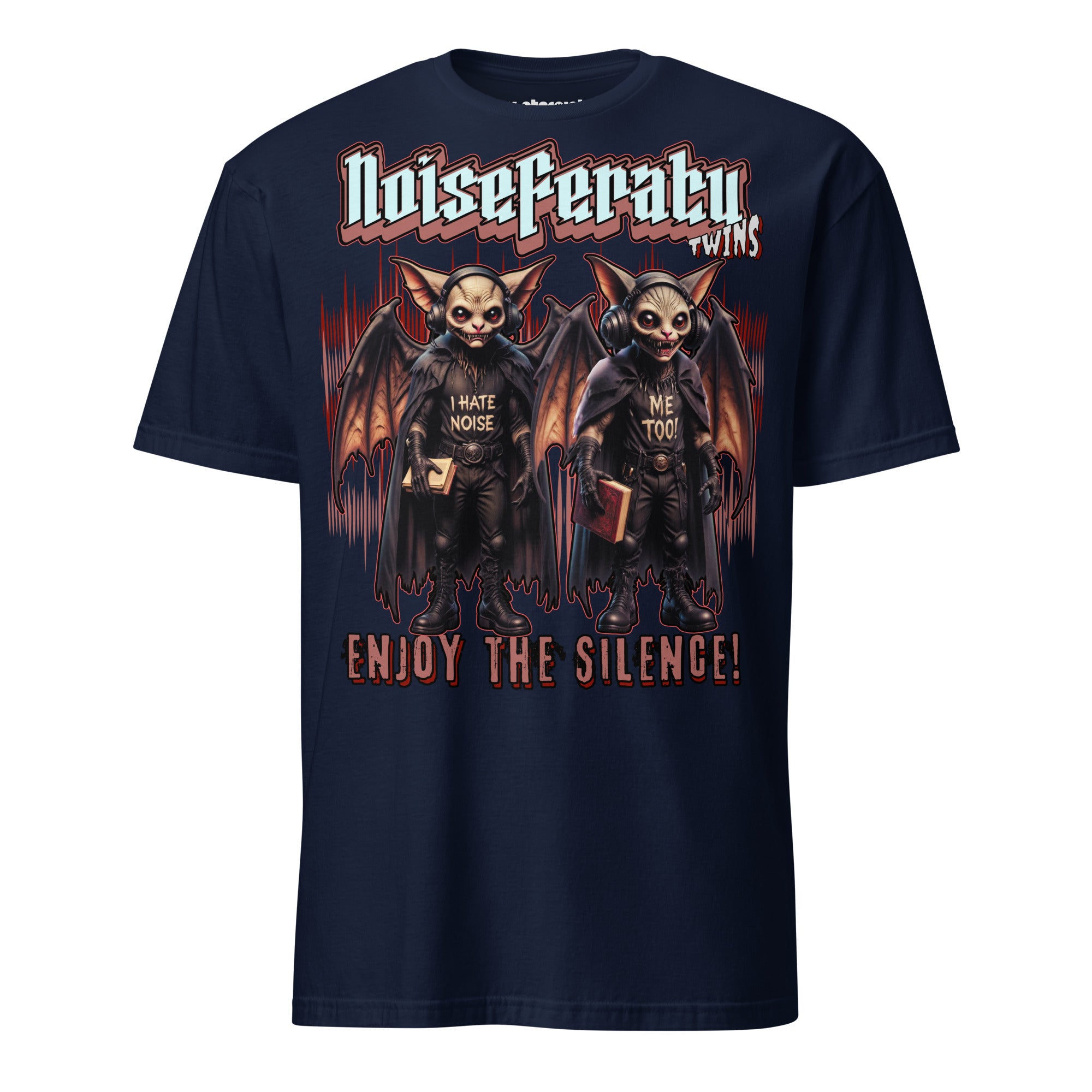 Winterpink T-Shirt mit Motiv „Noiseferatu Twins – Enjoy the Silence“, zwei vampirartige Figuren mit Kopfhörern und düsterem Gothic-Design.