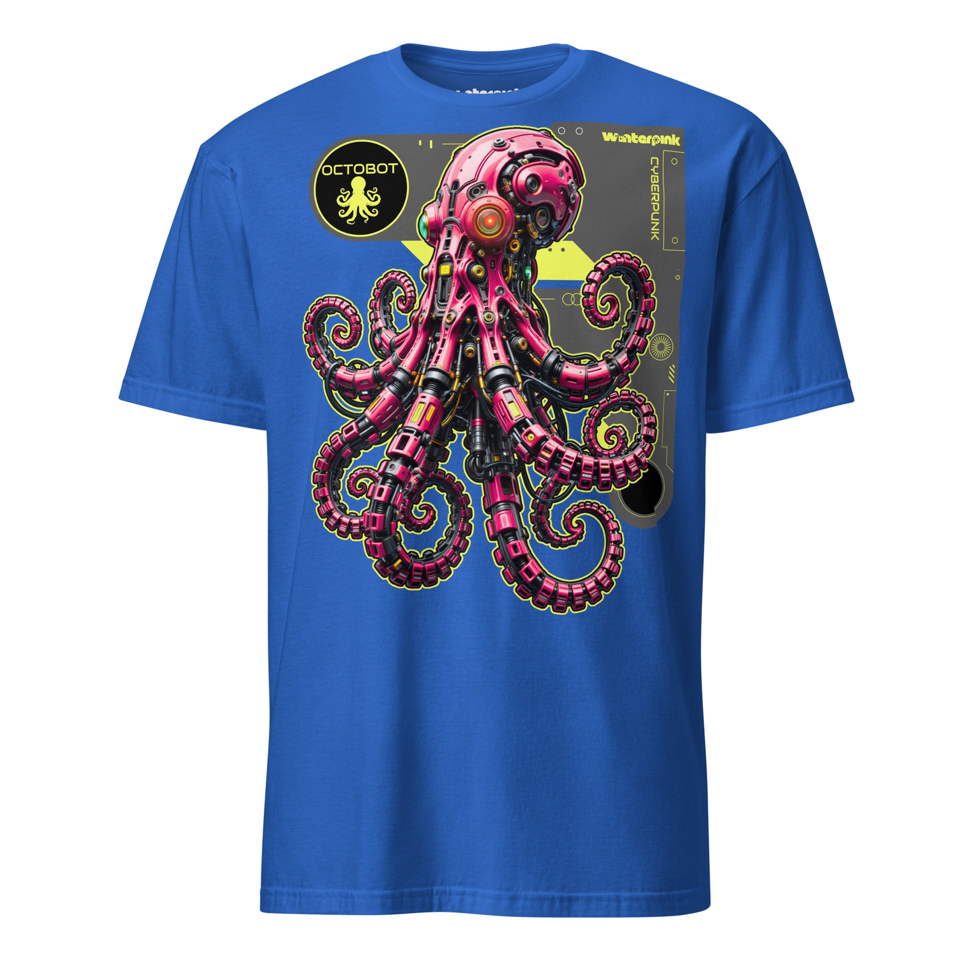 Cyberpunk Design mit kybernetischem Oktopus „Octobot“ als Upgrade von Natur und Technik. Ein Winterpink T-Shirt im Neon- und Sci-Fi-Look.