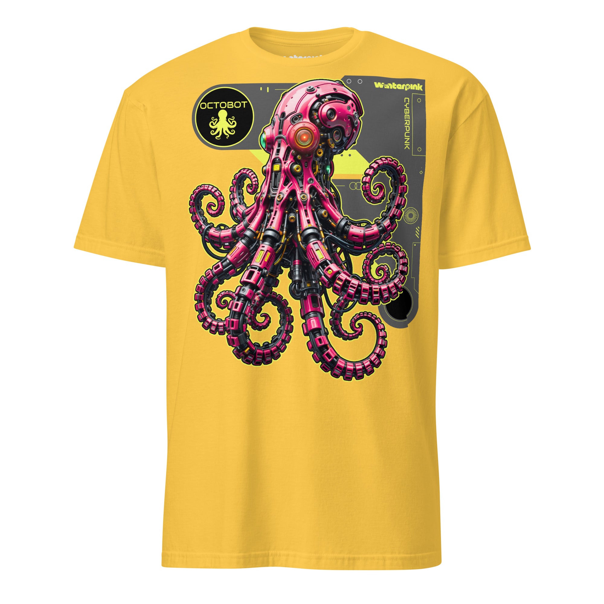 Cyberpunk Design mit kybernetischem Oktopus „Octobot“ als Upgrade von Natur und Technik. Ein Winterpink T-Shirt im Neon- und Sci-Fi-Look.