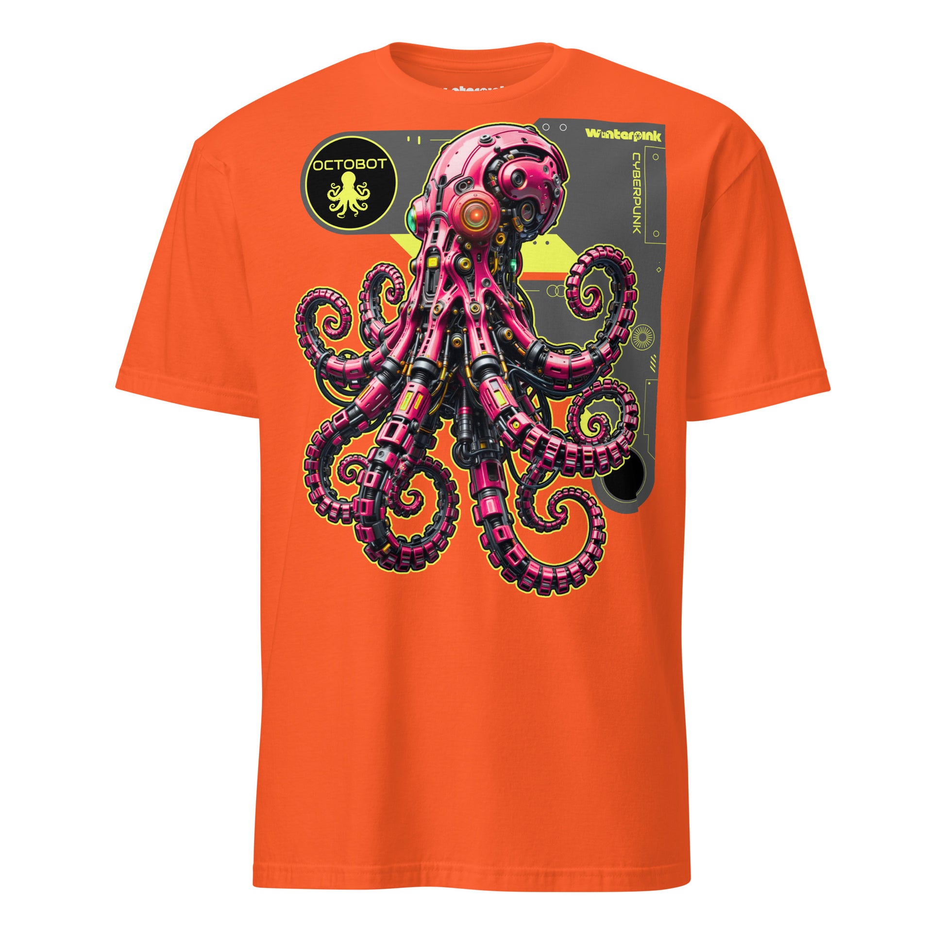 Cyberpunk Design mit kybernetischem Oktopus „Octobot“ als Upgrade von Natur und Technik. Ein Winterpink T-Shirt im Neon- und Sci-Fi-Look.