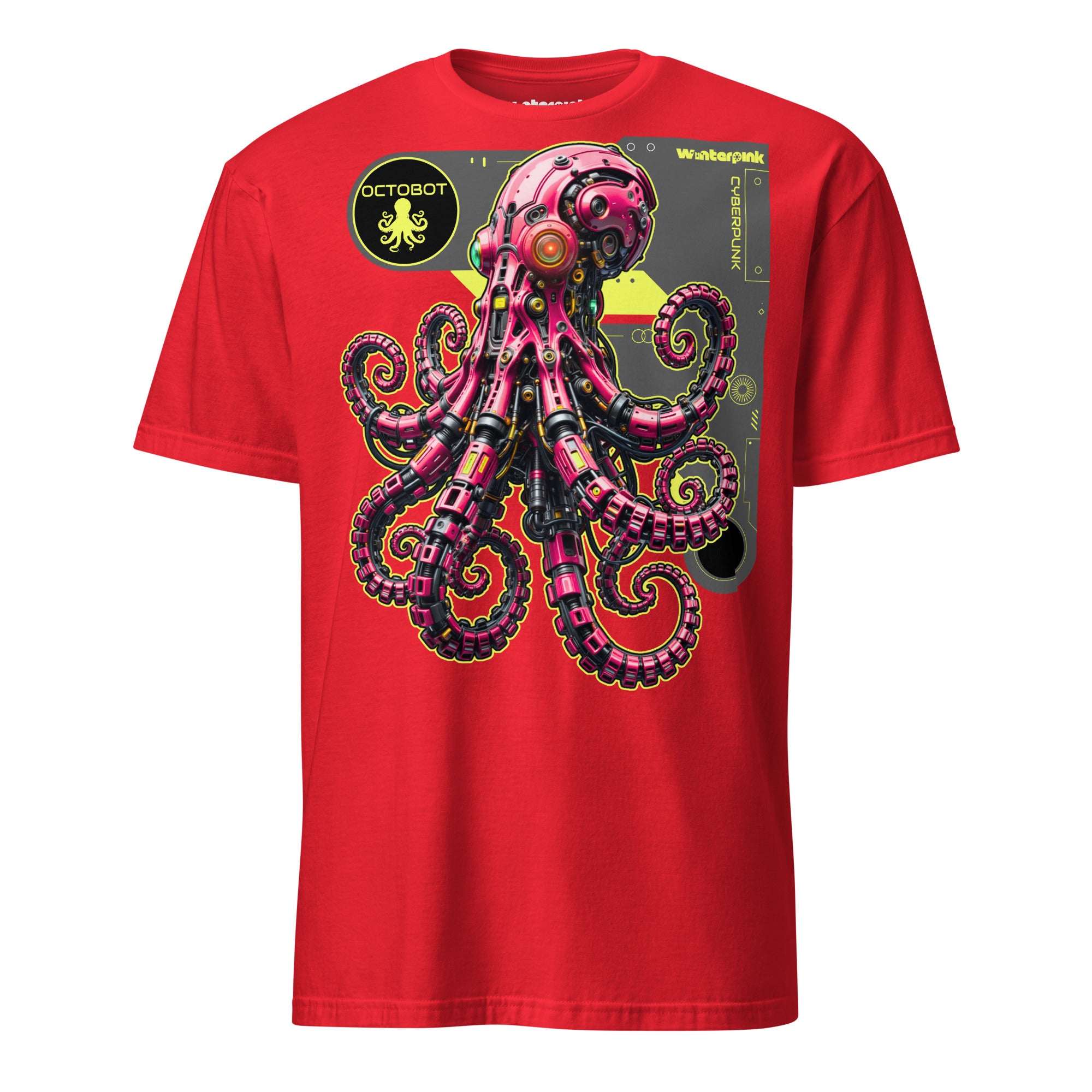 Cyberpunk Design mit kybernetischem Oktopus „Octobot“ als Upgrade von Natur und Technik. Ein Winterpink T-Shirt im Neon- und Sci-Fi-Look.