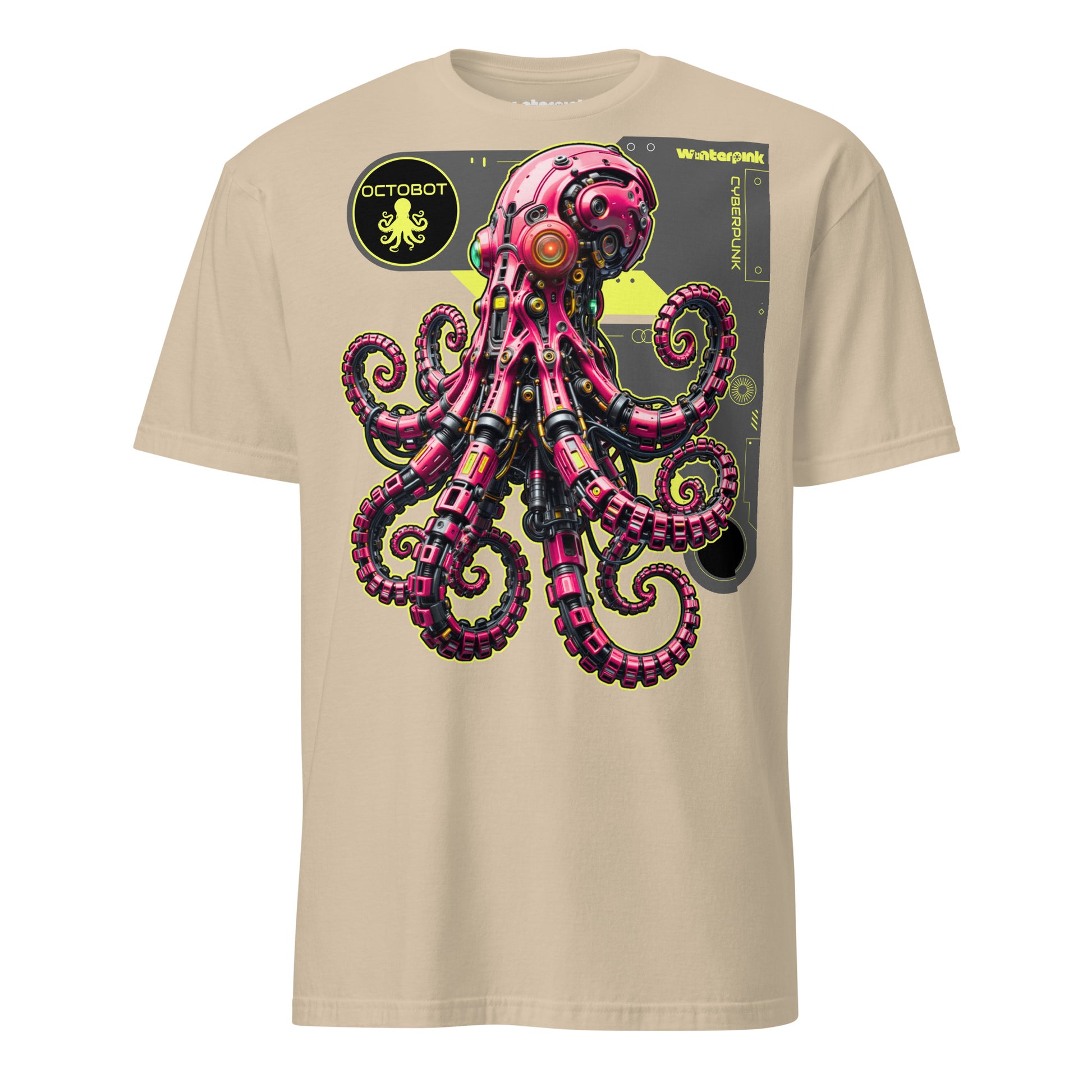Cyberpunk Design mit kybernetischem Oktopus „Octobot“ als Upgrade von Natur und Technik. Ein Winterpink T-Shirt im Neon- und Sci-Fi-Look.