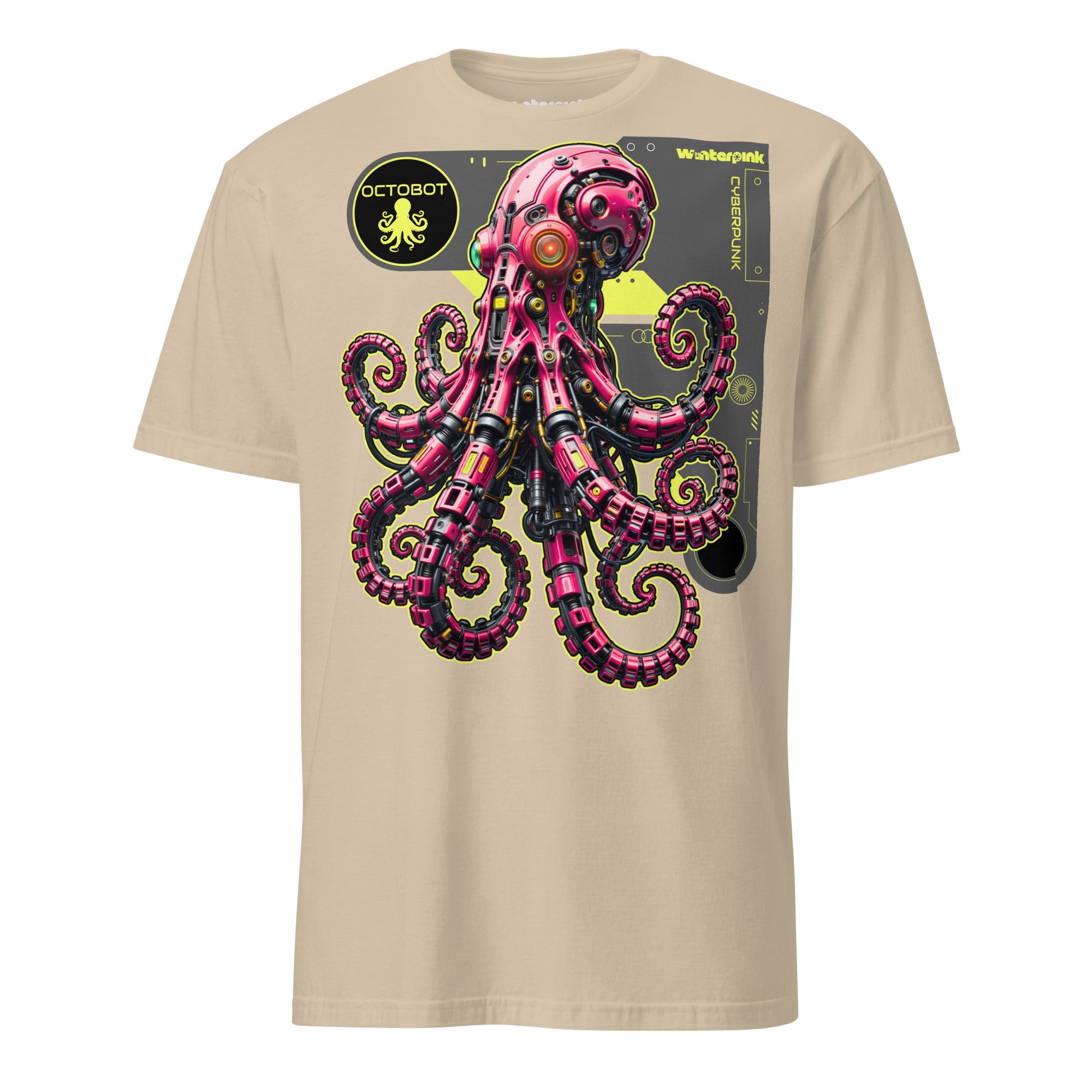Cyberpunk Design mit kybernetischem Oktopus „Octobot“ als Upgrade von Natur und Technik. Ein Winterpink T-Shirt im Neon- und Sci-Fi-Look.