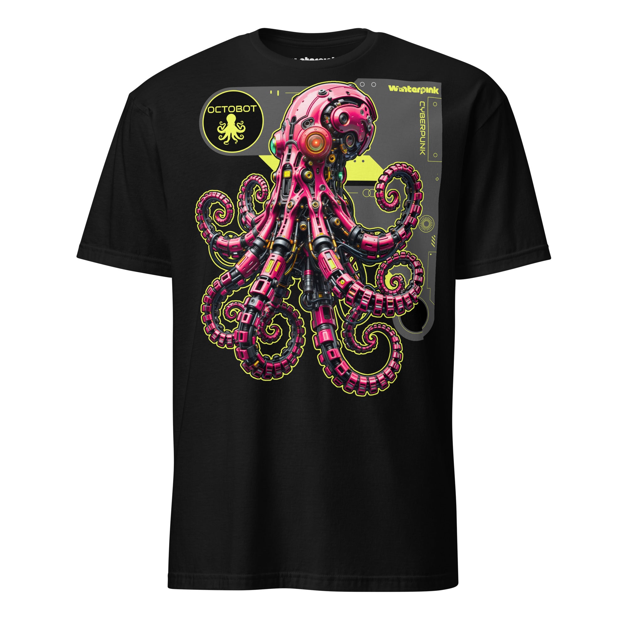 Cyberpunk Design mit kybernetischem Oktopus „Octobot“ als Upgrade von Natur und Technik. Ein Winterpink T-Shirt im Neon- und Sci-Fi-Look.
