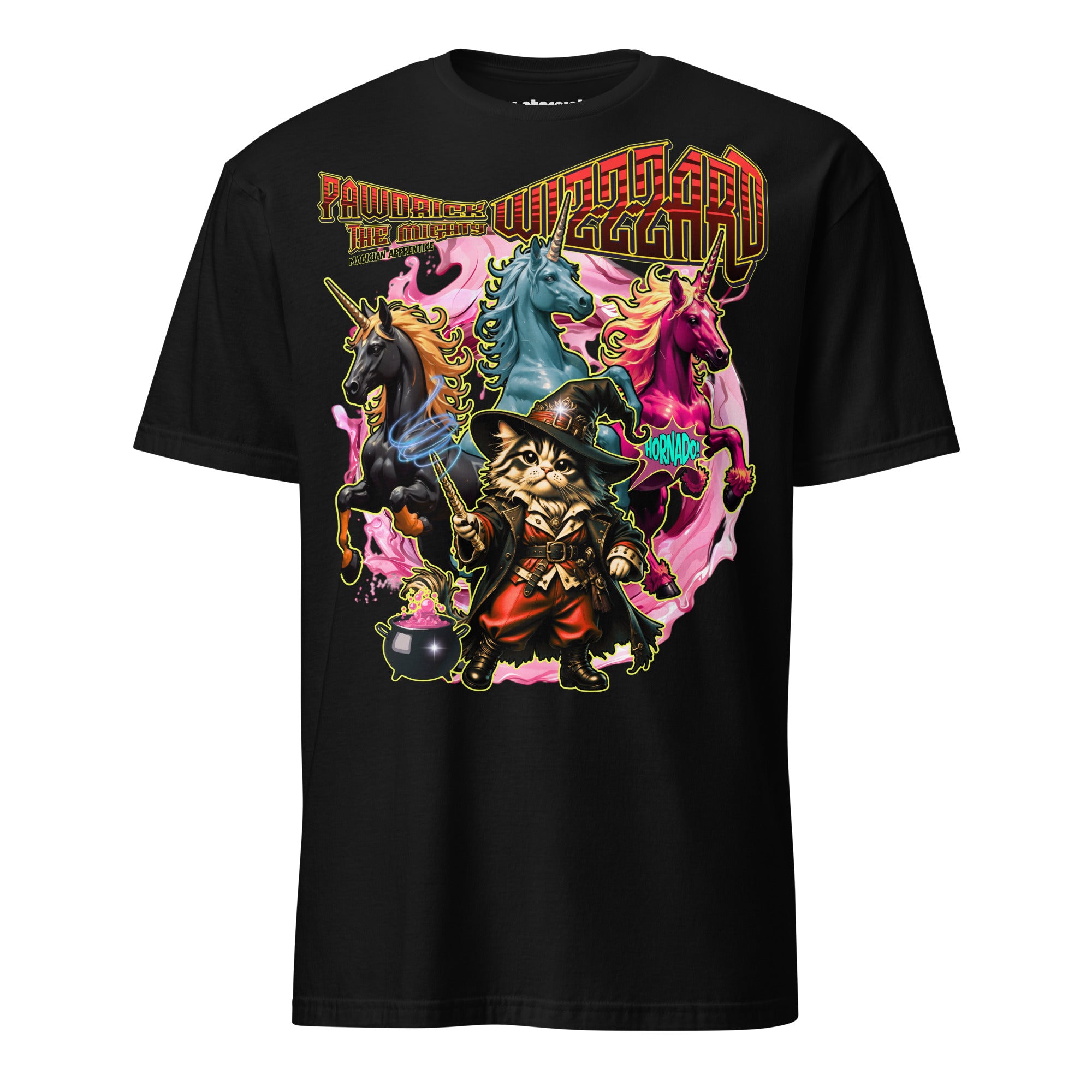 Magisches Fantasy Motiv mit Pawdrick dem Zauberer, dessen „Hornado“ ein Rudel Einhörner herbeiruft. Entdecke das humorvolle Winterpink T-Shirt voller Magie, Vielfalt und Fantasie.