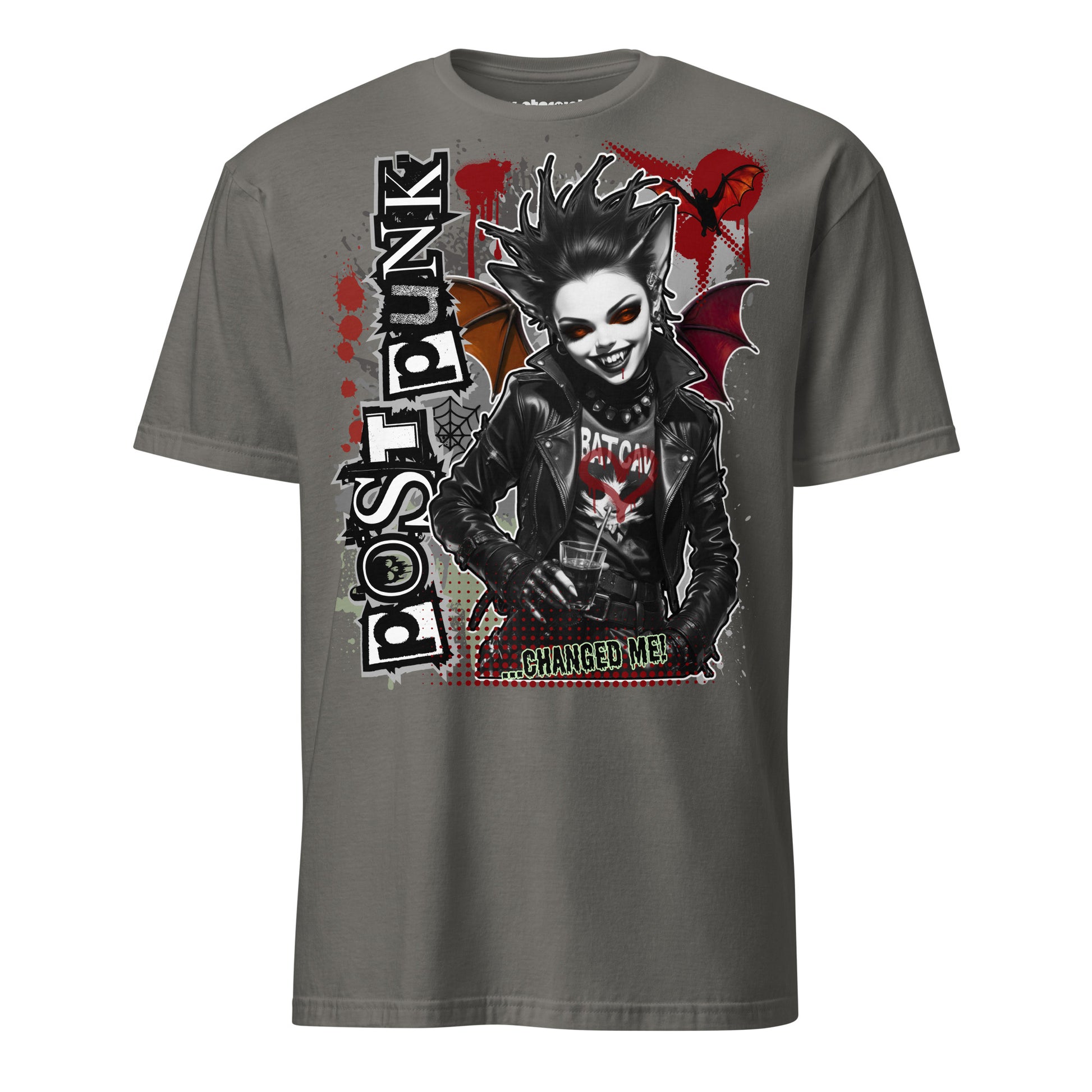 Winterpink T-Shirt „Postpunk Changed Me“ mit vampirischer Illustration, Lederjacke, Batcave-Shirt und Postpunk-Gothic-Ästhetik