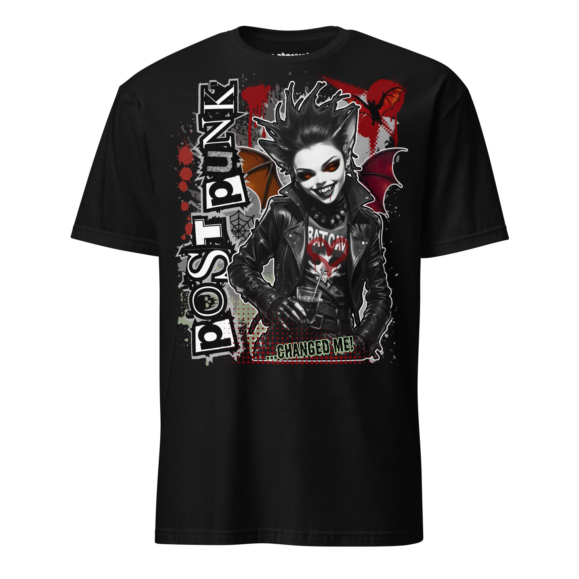 Winterpink T-Shirt „Postpunk Changed Me“ mit vampirischer Illustration, Lederjacke, Batcave-Shirt und Postpunk-Gothic-Ästhetik