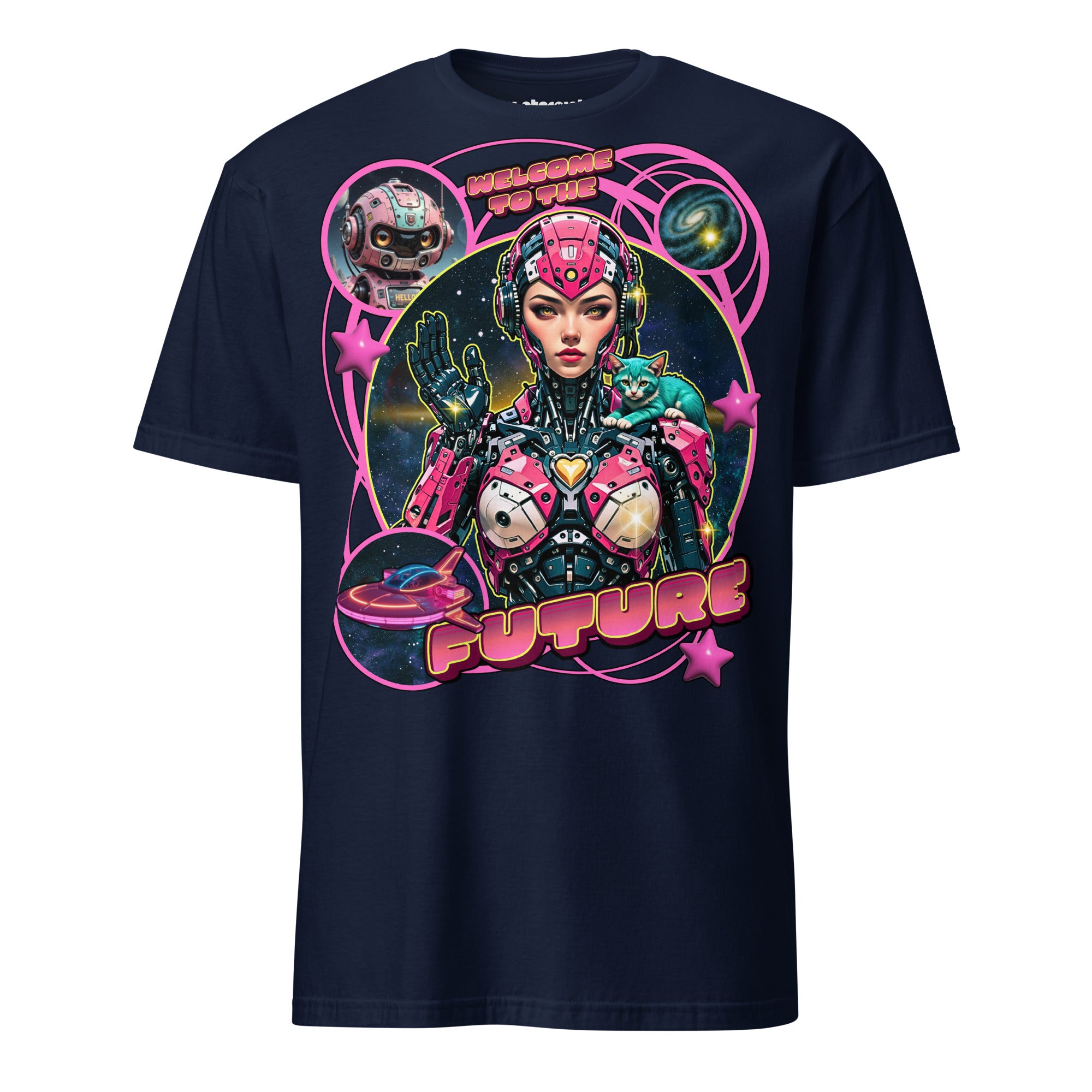 Winterpink T-Shirt mit cyborgartiger Figur im Retro-Sci-Fi-Stil, Katze auf der Schulter, Weltraum-Hintergrund und Schriftzug „Welcome to the Future“.