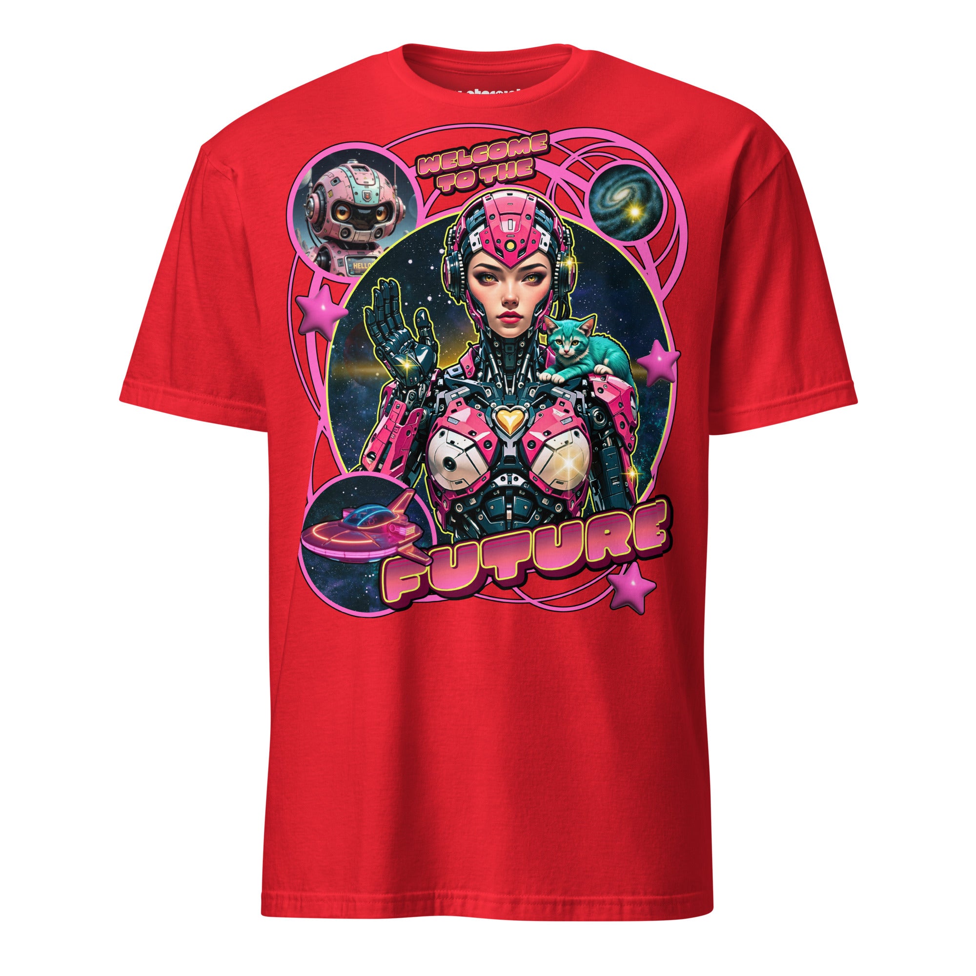 Winterpink T-Shirt mit cyborgartiger Figur im Retro-Sci-Fi-Stil, Katze auf der Schulter, Weltraum-Hintergrund und Schriftzug „Welcome to the Future“.