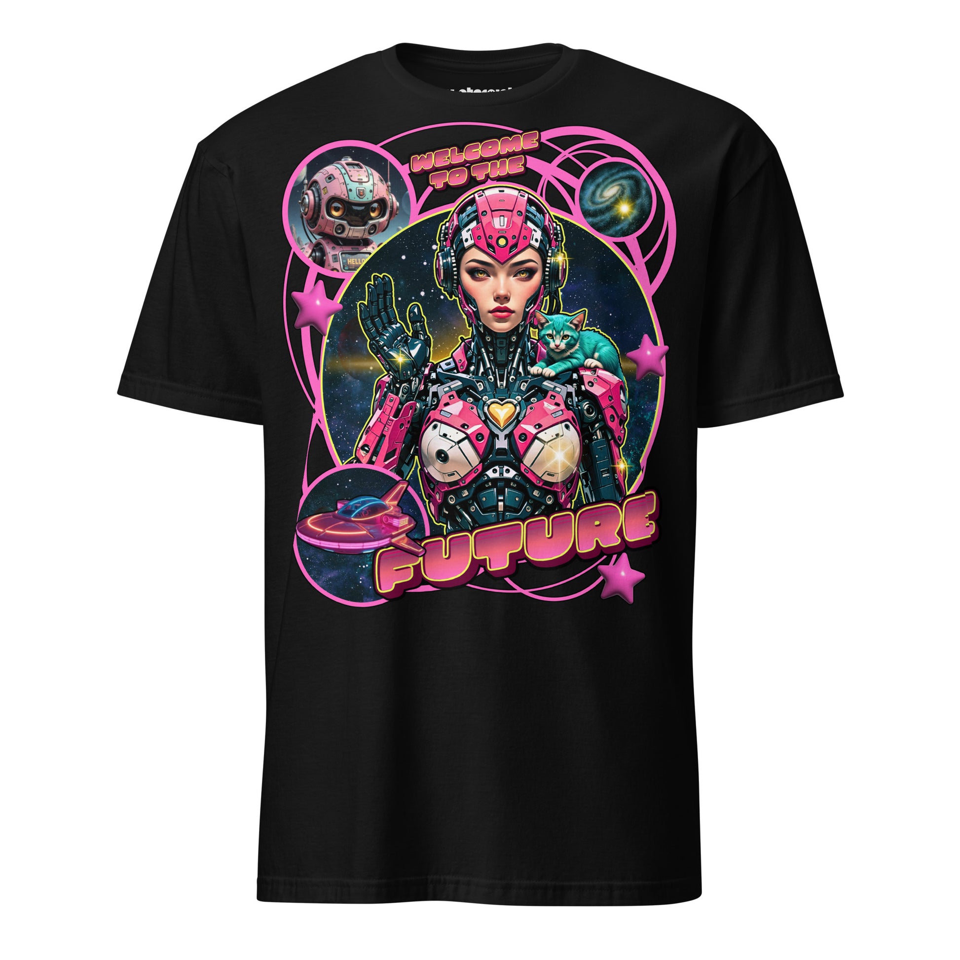 Winterpink T-Shirt mit cyborgartiger Figur im Retro-Sci-Fi-Stil, Katze auf der Schulter, Weltraum-Hintergrund und Schriftzug „Welcome to the Future“.