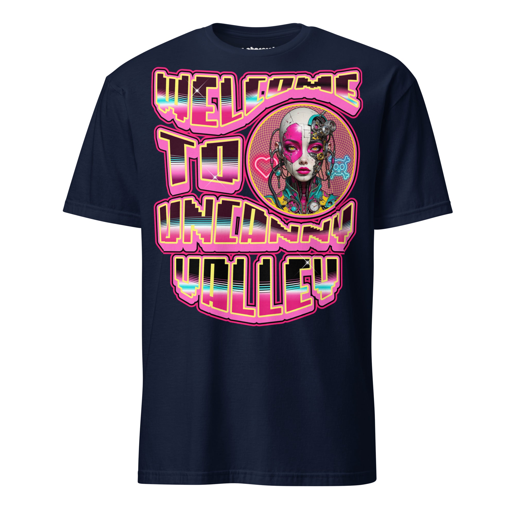 Winterpink T-Shirt mit Neonmotiv „Welcome to Uncanny Valley“ – Cyborg-Frau im Retro-Futurismus-Stil zwischen Mensch und Maschine