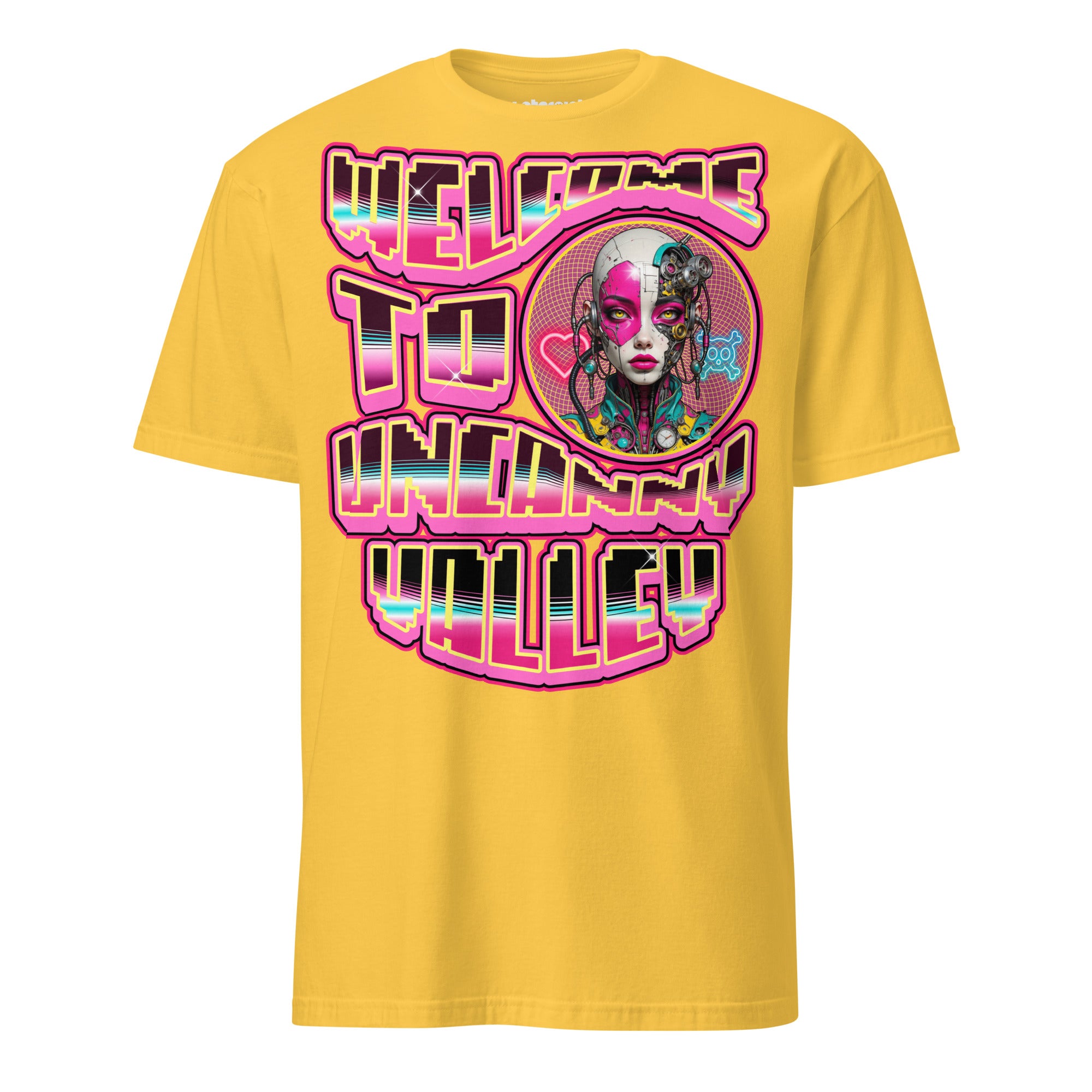 Winterpink T-Shirt mit Neonmotiv „Welcome to Uncanny Valley“ – Cyborg-Frau im Retro-Futurismus-Stil zwischen Mensch und Maschine