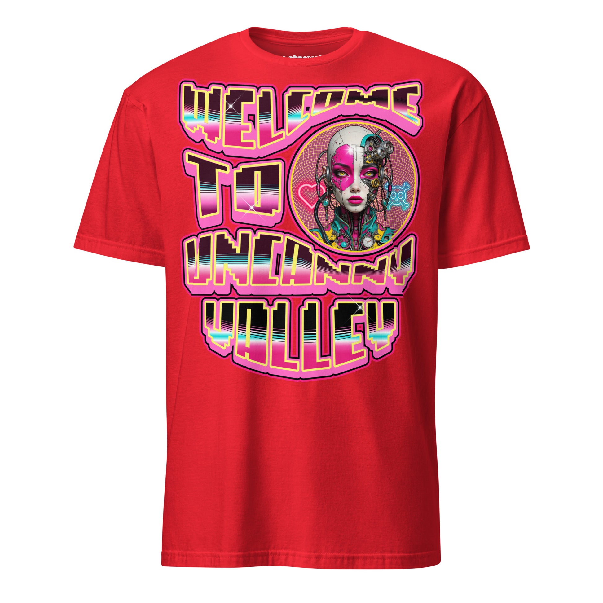 Winterpink T-Shirt mit Neonmotiv „Welcome to Uncanny Valley“ – Cyborg-Frau im Retro-Futurismus-Stil zwischen Mensch und Maschine