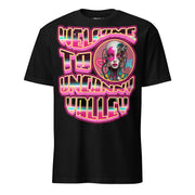 Winterpink T-Shirt mit Neonmotiv „Welcome to Uncanny Valley“ – Cyborg-Frau im Retro-Futurismus-Stil zwischen Mensch und Maschine