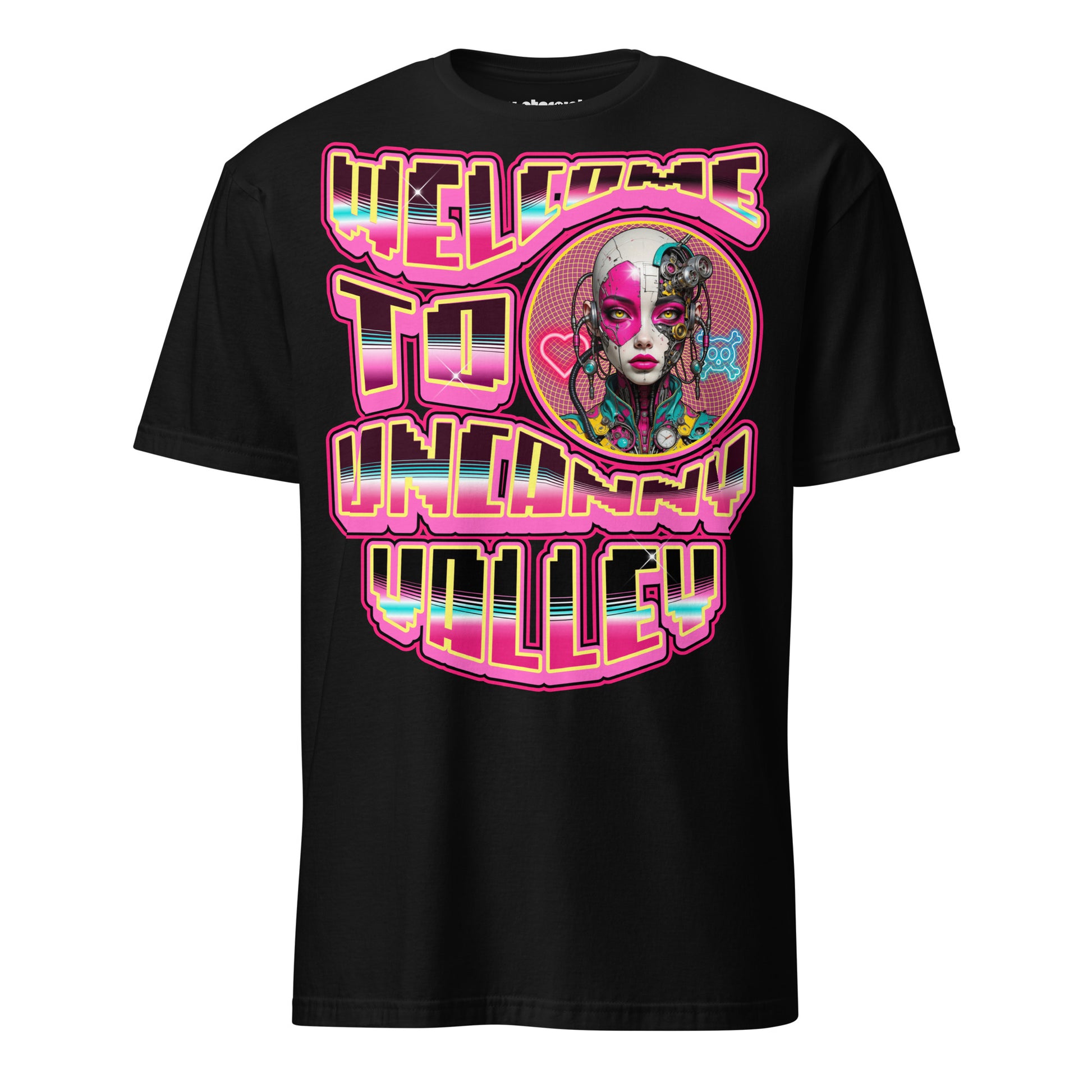 Winterpink T-Shirt mit Neonmotiv „Welcome to Uncanny Valley“ – Cyborg-Frau im Retro-Futurismus-Stil zwischen Mensch und Maschine