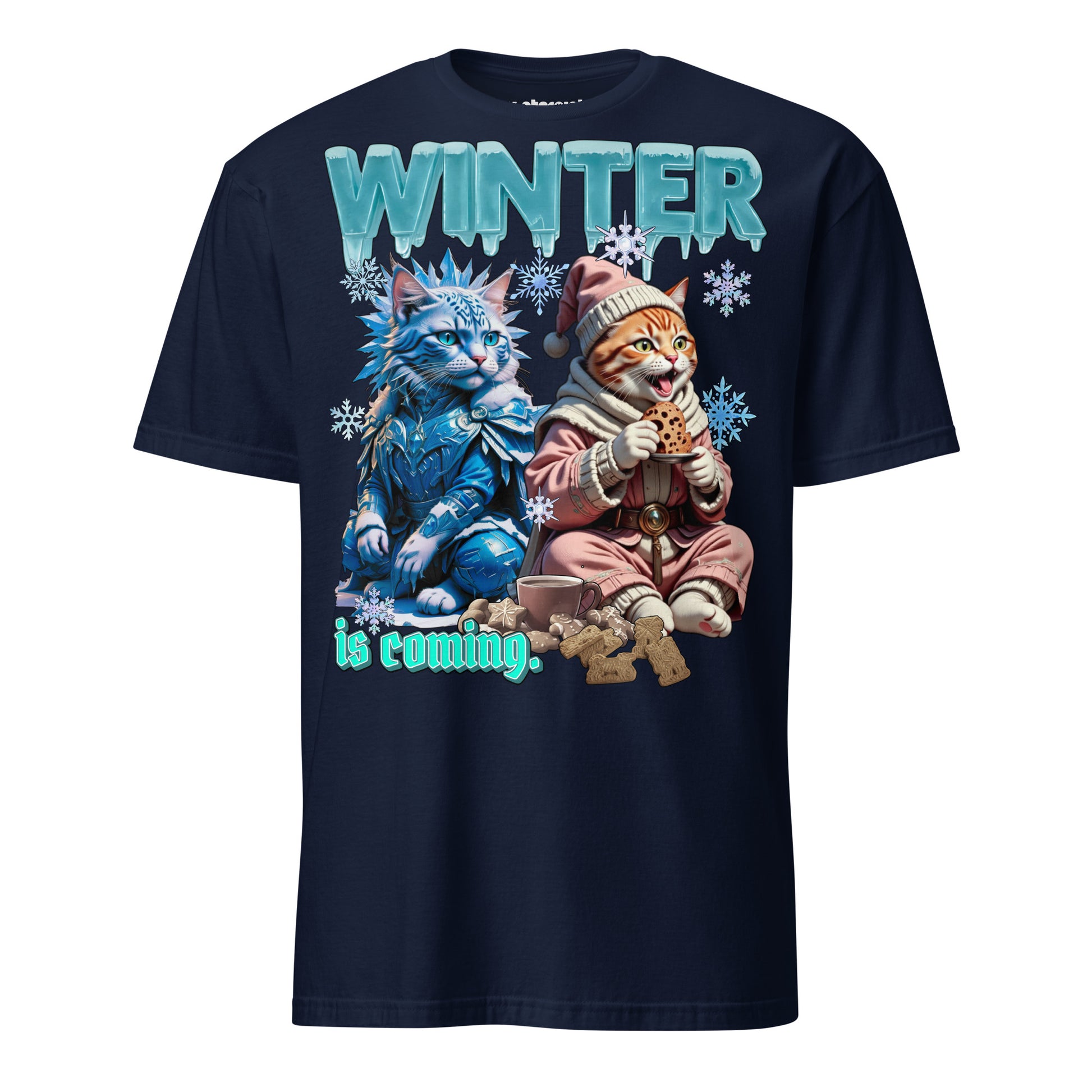 Winterpink T-Shirt Winter is coming – zwei Katzen, eine im Frostlord-Style, eine mit Keks & Tee, gemütliches Winter-Motiv